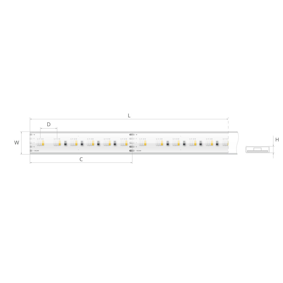 Bandă LED RGB+W 24V 15,3 W/m, 96 LED/m, IP65, 12,4×3,7 mm