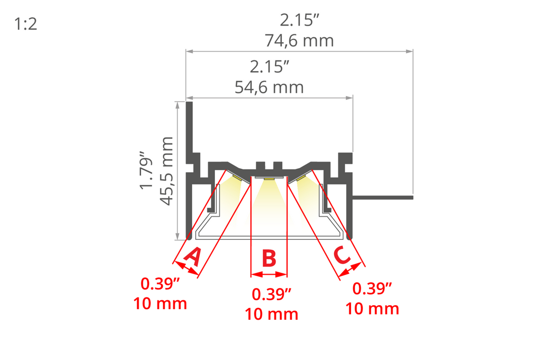 Desen tehnic profil aluminiu FOLED-50-BOK, secțiune 74,6 × 45,5 mm