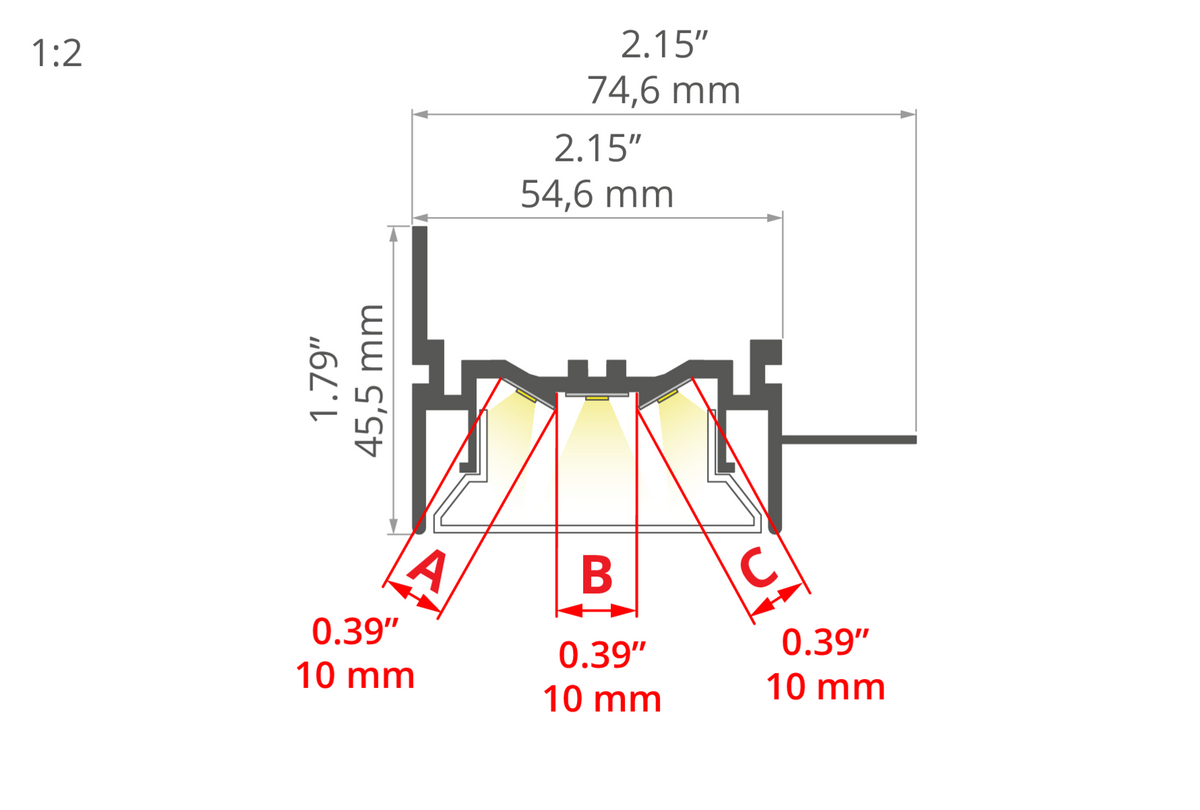 Desen tehnic profil aluminiu FOLED-50-BOK, secțiune 74,6 × 45,5 mm
