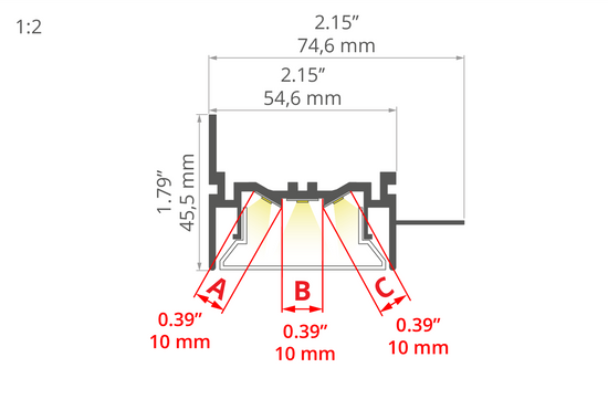 Desen tehnic profil aluminiu FOLED-50-BOK, secțiune 74,6 × 45,5 mm